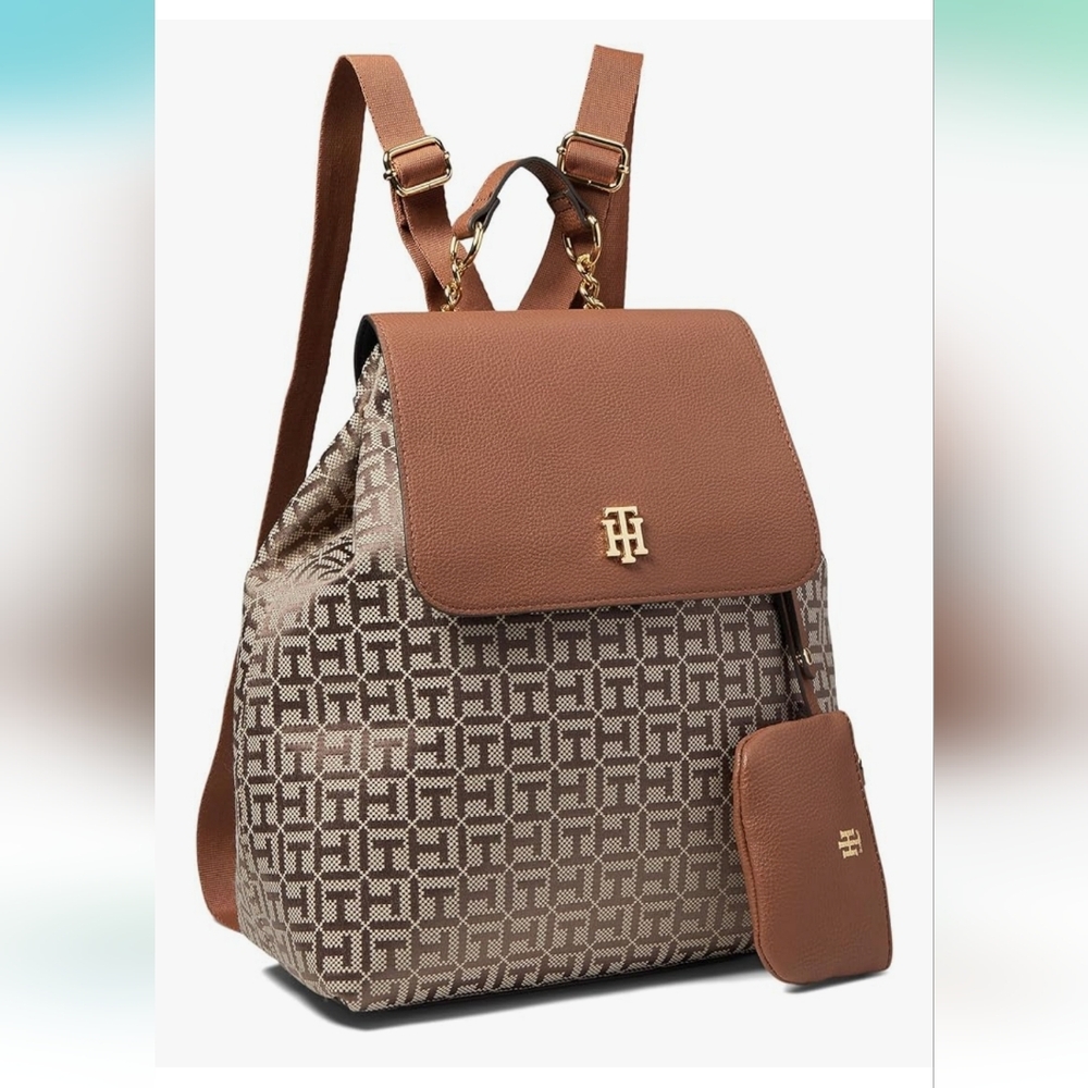 Tommy Hilfiger Maxine ll Flap Backpack w/Hangoff Square Monogram Jacquard NWOT